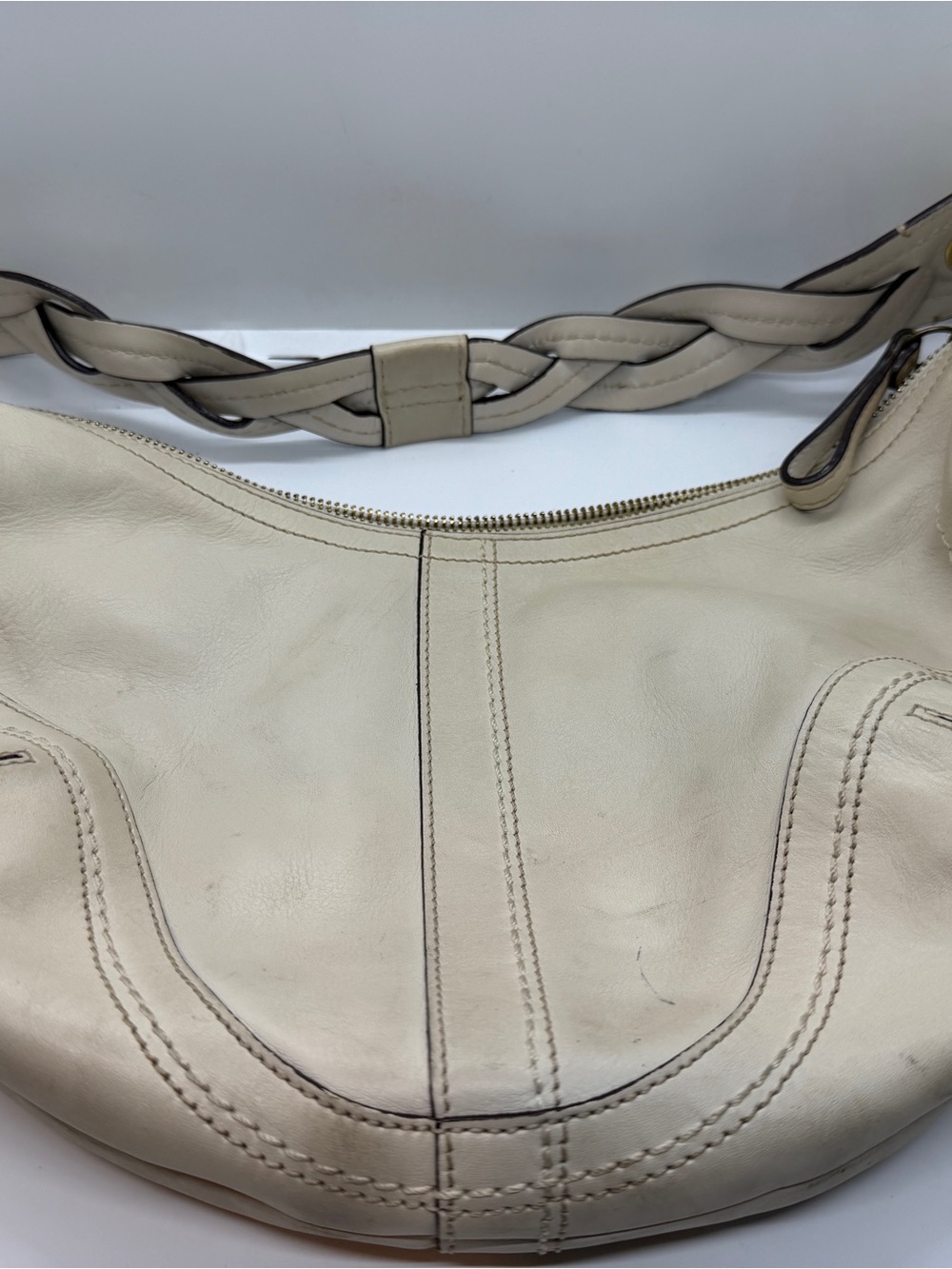 Coach Cream Leather Braided-Handle Hobo Bag